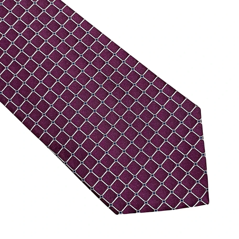 Hickey Freeman Men's Silk Tie Maroon‎ Silver Blue Geometric Hand Tailored USA